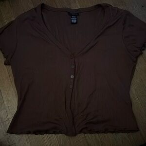 brown rue 21 button down top with ruffle detailing